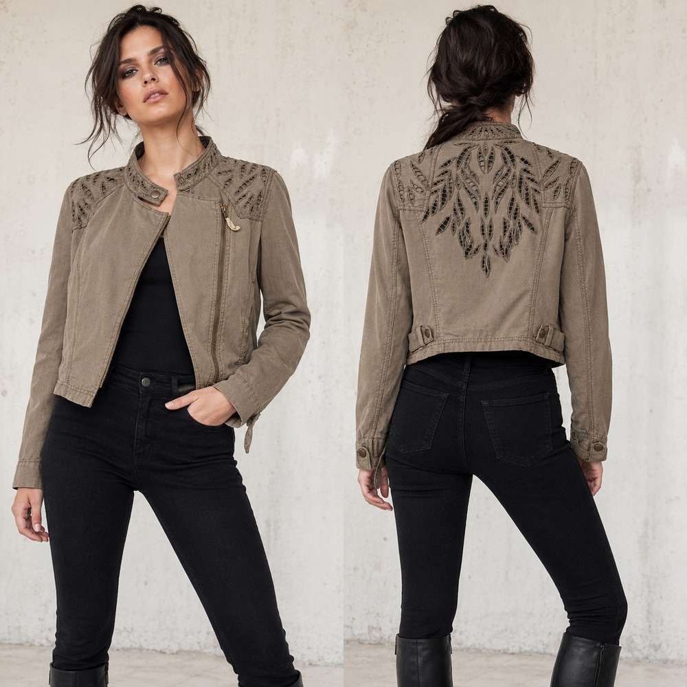 Free People Moto Jacket Women 4 Brown Olive Eyelet Embroidered Linen Cotton